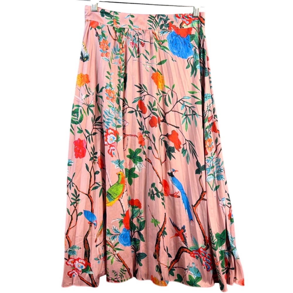 Goodnight Macaroon Pink Tropical Bird Floral Pleated Midi Skirt Size 6 Small